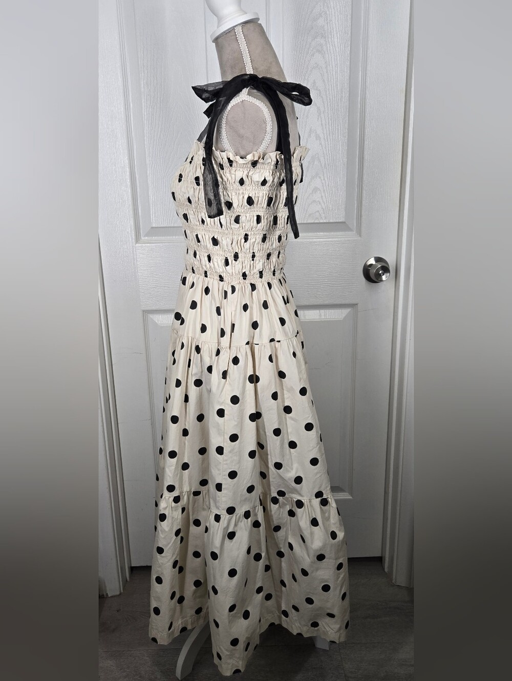 En Saison Polka Dot Smocked Tiered Maxi Dress Black Tulle Tie Shoulder Size S - Picture 4 of 14